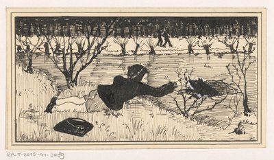 Ragazza cerca di salvare un cane da un buco nel ghiaccio da A. Tinbergen (signed by artist)