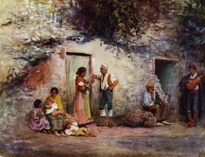 Granada, Zingari alle Porte delle loro Grotte (litografia a colori) da A. Trevor Haddon