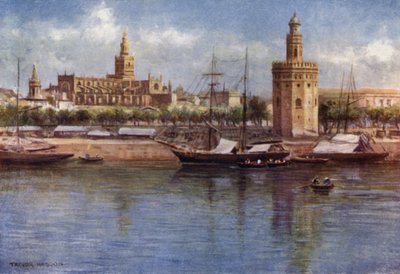 Siviglia, La Torre del Oro e la Cattedrale (litografia a colori) da A. Trevor Haddon