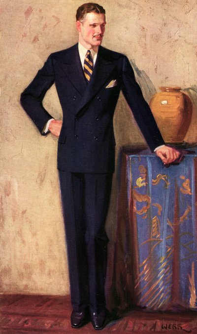Illustrazione di uomo che indossa un abito doppiopetto, c.1925 da A. Webb