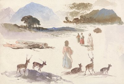 Foglio di studi di cervi, figure e paesaggio da Aaron Edwin Penley