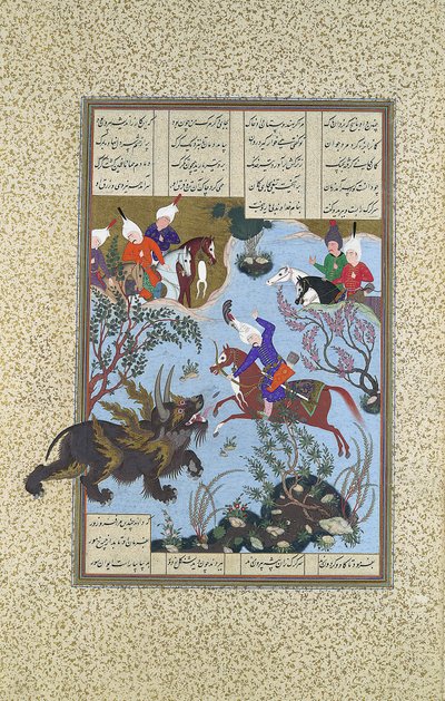 Bahram Gur uccide il rinoceronte-lupo, Folio 586r dal Shahnama Libro dei Re, ca. 1530-35 da 