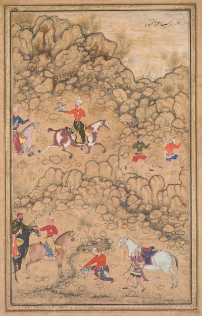 Caccia con falchi in un paesaggio, c. 1558-1560, bordi aggiunti probabilmente nel 1700 da Abd al Samad