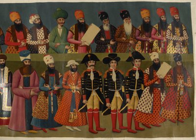 La Corte di Fath Ali Shah con gli inviati britannici Sir John Malcolm, Sir Harford Jones Brydges e Sir Gore Ouseley. Immagine parziale del Murale del Palazzo Nigaristan da Abdallah (after) Khan