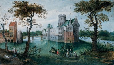 Un castello con fossato con figure eleganti in una barca e un cacciatore con i suoi cani su un sentiero in primo piano da Abel Grimmer or Grimer