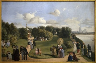 Veduta della Rochelle (giardino del bagno Maria Teresa). Personaggi della borghesia in un parco: coppia che chiacchiera su una panchina, uomini che salutano le signore, bambino che gioca con un cerchio... Dipinto di Alexandre Abel de Pujol (1785-1861), oli da Abel de Pujol
