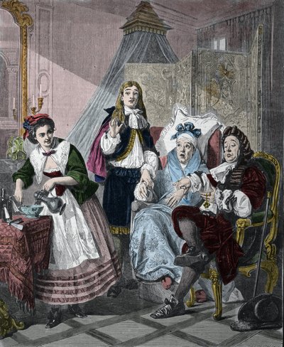 "Il malato immaginario" di Jean-Baptiste Poquelin detto Molière (1622-1673): scena 9, atto II. Incisione dal dipinto di Abraham Solomon (1824-1862) del 1861 da Abraham (after) Solomon