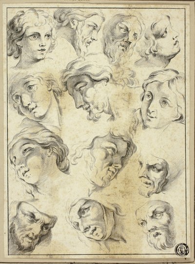 13 schizzi di volti diversi da Abraham Bloemaert