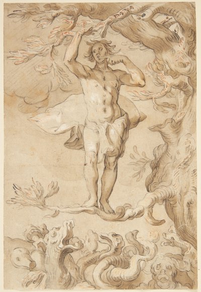 La fragilità della felicità umana. Un uomo inseguito da un drago si aggrappa a un albero, leccando miele dalle dita da Abraham Bloemaert
