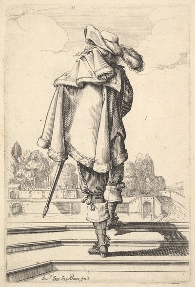Un gentiluomo, visto da dietro, che cammina su un parapetto, con un mantello sulla spalla sinistra..., 1629 da Abraham Bosse