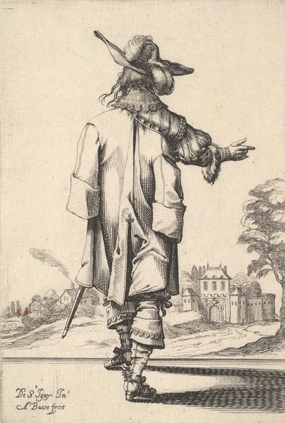 Un gentiluomo, visto da dietro, con il braccio destro teso e un mantello sulla spalla sinistra, 1629 da Abraham Bosse