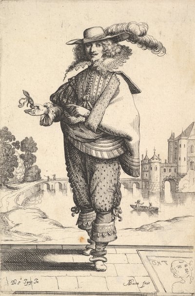 Un gentiluomo davanti a un grande castello con un cappello piumato e un colletto di pizzo da Abraham Bosse