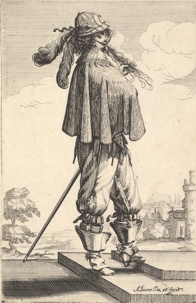 Un gentiluomo che indossa un cappotto corto, un elmo e stivali con speroni, in piedi sui gradini e..., 1629 da Abraham Bosse