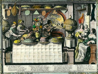 Una pasticceria nel XVII secolo: il retrobottega dove i fornai e i pasticceri preparano e cuociono torte e pani, e i clienti nel negozio. Stampo per torte appeso al muro. Incisione di Abraham Bosse (1602-1676) da Abraham Bosse