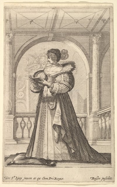 Una donna in piedi, di profilo a sinistra, con cappello e colletto di pizzo, che legge da Abraham Bosse