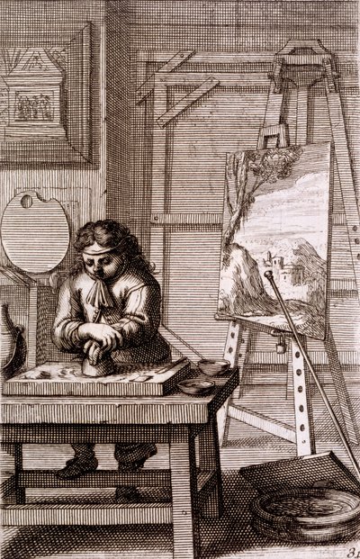 Un apprendista artista pulisce una lastra di incisione, da 