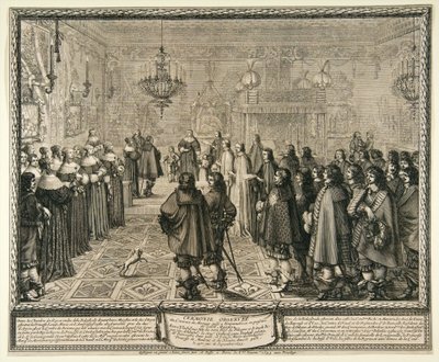 Cerimonia di approvazione del contratto di matrimonio tra Władysław IV e Maria Luisa Gonzaga a Fontainebleau. da Abraham Bosse