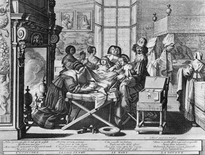 Serie di incisioni (acquaforte) intitolata "Il matrimonio con la città" del 1633 di Abraham Bosse - "Parto": sul letto di lavoro. da Abraham Bosse
