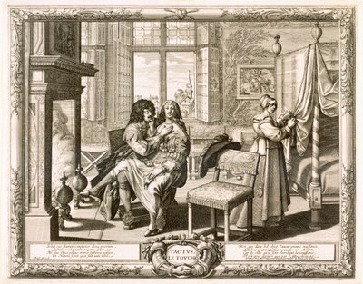 Marito con moglie seduta sulle ginocchia accanto al camino, Bosse, Abraham (1602-76) da Abraham Bosse