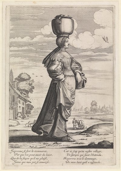 Donna che cammina verso destra in un paesaggio, portando una pentola sulla testa da Abraham Bosse