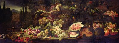 Natura Morta di Frutta con Pappagallo Verde e Vaso d