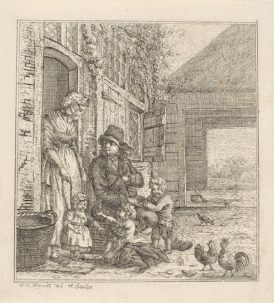 Uomo e donna con bambini presso una porta da Abraham Bruinings Worrel