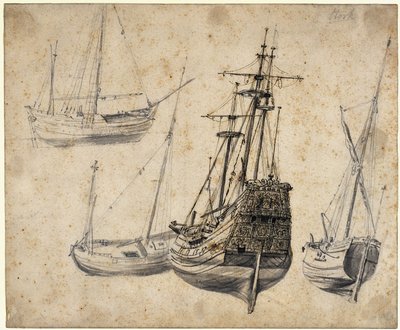 Foglio di studio con tre maestri e barche da Abraham Casembroot