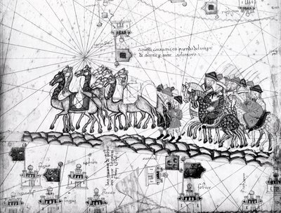 Ms Esp 20 pannello 4, Mercanti in viaggio verso Cathay, Cina, seguendo le orme di Marco Polo, (dettaglio) da Abraham Cresques