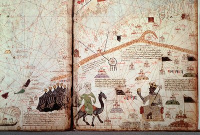 Lo stretto di Gibilterra e il Nord Africa segnano le bandiere dei Mori, a destra il re del Mali Kanga Moussa, che mostra il Globo d