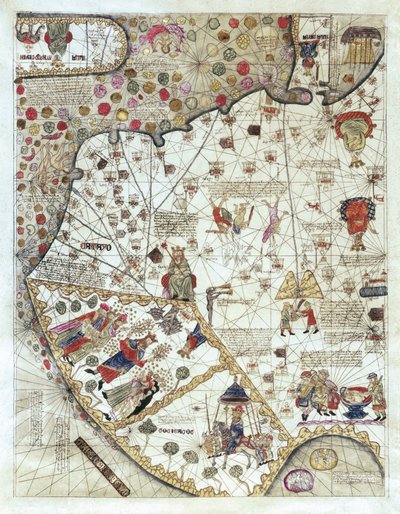 Mappa della Cina (Cathay), con descrizioni di piccole scene, delimitazione dei regni con il loro sovrano rappresentato ogni volta da Abraham and Cresques Jehuda Cresques