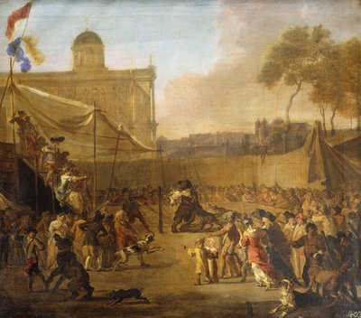 Una folla che guarda un combattimento con orsi in una piazza cittadina da Abraham Danielsz. Hondius