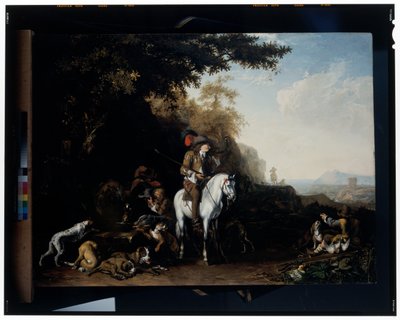 Un ampio paesaggio con una battuta di caccia che riposa presso un abbeveratoio e un cacciatore che spara da Abraham Danielsz. Hondius