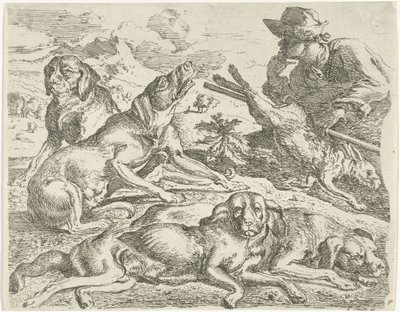 Quattro cani, un cacciatore e una lepre da Abraham Danielsz. Hondius