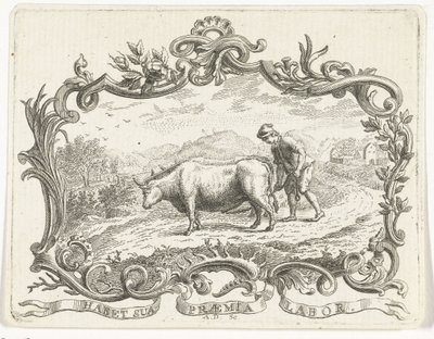 Contadino che ara un campo con due buoi, in cartouche da Abraham Delfos