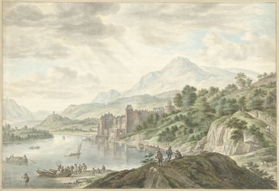 Paesaggio collinare con un castello su un fiume da Abraham Delfos