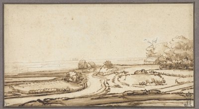 Paesaggio ondulato con strada e casa al margine del bosco da Abraham Furnerius