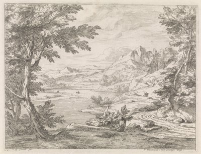 Paesaggio fluviale con una strada da Abraham Genoels