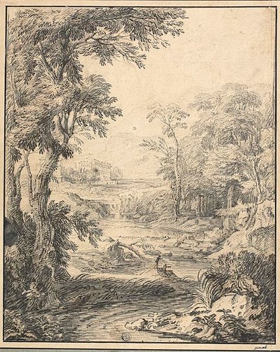 Paesaggio fluviale con due figure in primo piano, castello in lontananza da Abraham Genoels II