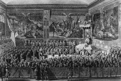 Letto di Giustizia tenuto a Versailles il 6 agosto 1787 dal Re di Francia Luigi XVI. Disegno e incisione di Abraham Girardet. Parigi, Biblioteca dell