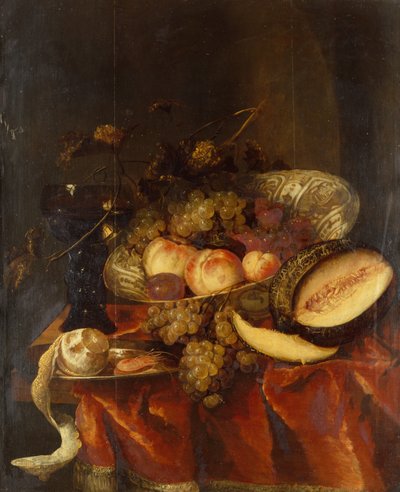 Frutta in una ciotola di porcellana Wanli Craak con un bicchiere, melone e piatto di peltro da Abraham Hendricksz van Beyeren