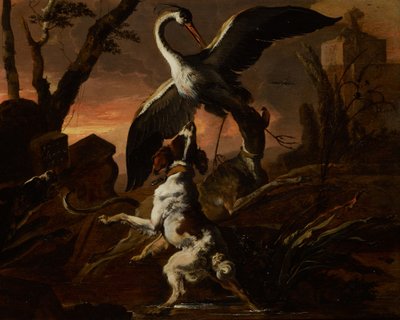 Tre cani che attaccano una gru in un paesaggio da Abraham Hondius