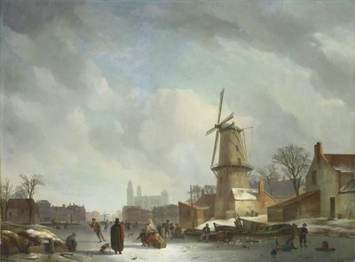 Divertimento su un canale ghiacciato in una città da Abraham Johannes Couwenberg