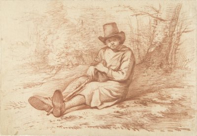 Ragazzo seduto con cappello e bastone, vicino a un albero da Abraham Johannes Ruytenschildt
