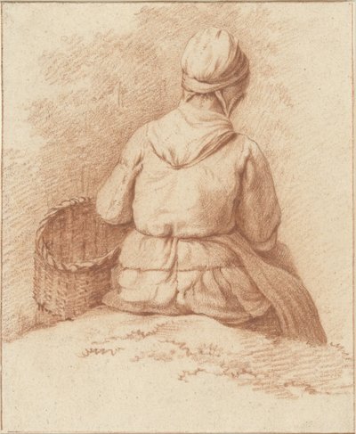 Pescatrice seduta con un cesto al braccio, vista da dietro da Abraham Johannes Ruytenschildt