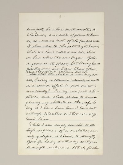 Manoscritto autografo del discorso di vittoria elettorale di Lincoln come Presidente, pronunciato a Washington D.C., dalla finestra della Casa Bianca la sera del 10 novembre da Abraham Lincoln