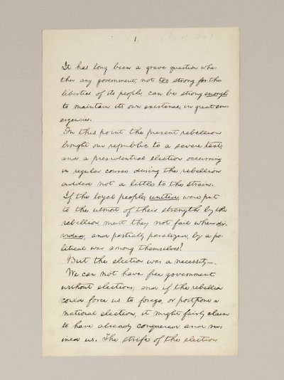 Manoscritto autografo del discorso di vittoria elettorale di Lincoln come Presidente, pronunciato a Washington D.C., dalla finestra della Casa Bianca la sera del 10 novembre da Abraham Lincoln