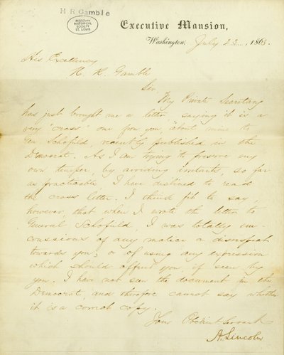 Lettera firmata A. Lincoln, Executive Mansion, Washington, a Sua Eccellenza, H.R. Gamble, 23 luglio 1863 da Abraham Lincoln