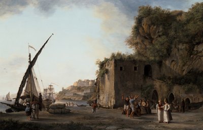 Coppia: Veduta del porto con mercanti e marinai che suonano musica da Abraham Louis Rudolph Ducros