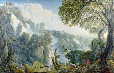 Le cascate di Tivoli con un uomo seduto sotto il Tempio della Sibilla da Abraham Louis Rudolph Ducros