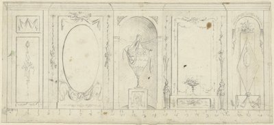Progetto per decorazione di una stanza con cinque pannelli, di cui il centrale con vaso ornamentale da Abraham Meertens